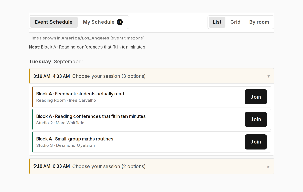 Pick-one breakout agenda, one session chosen per timeslot