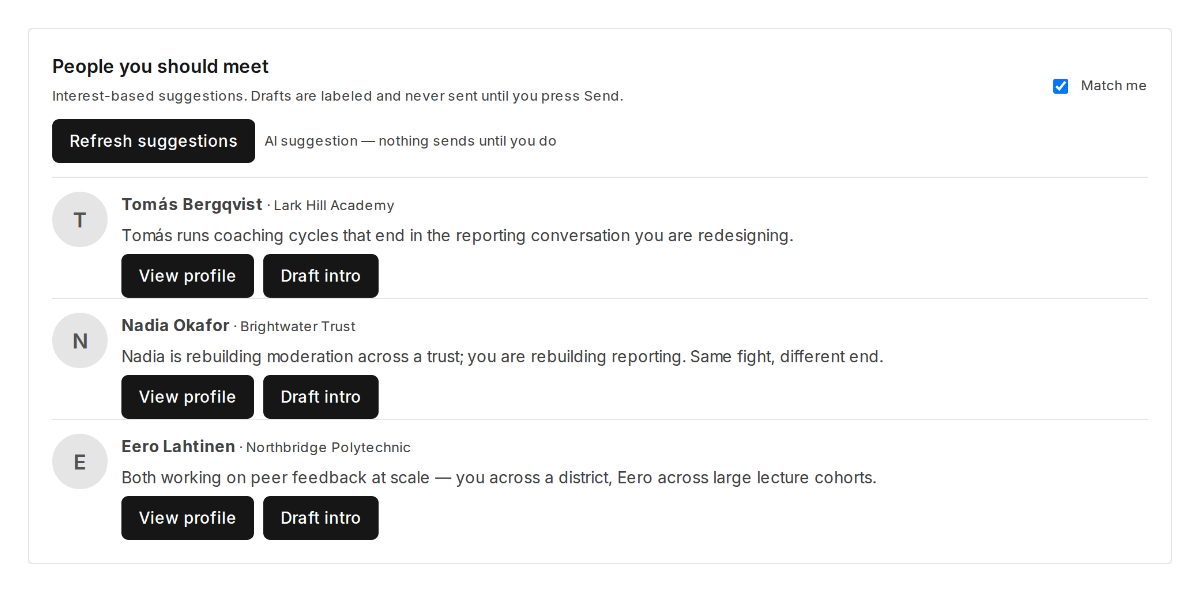 Meet tab suggestion cards with why-lines and a Draft intro action