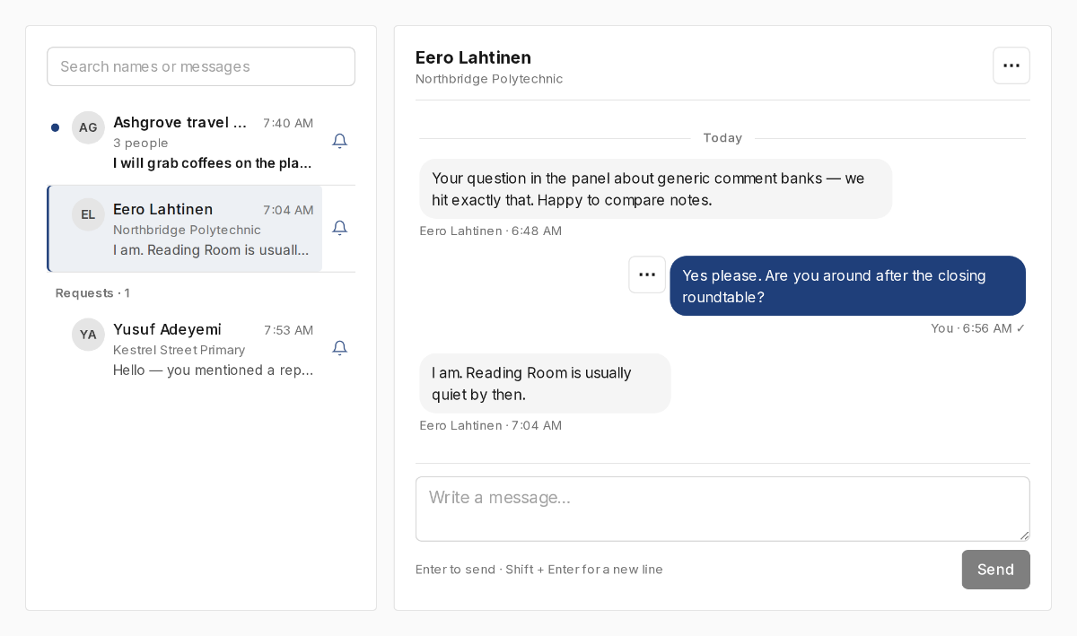 Messages inbox beside an open one-to-one thread
