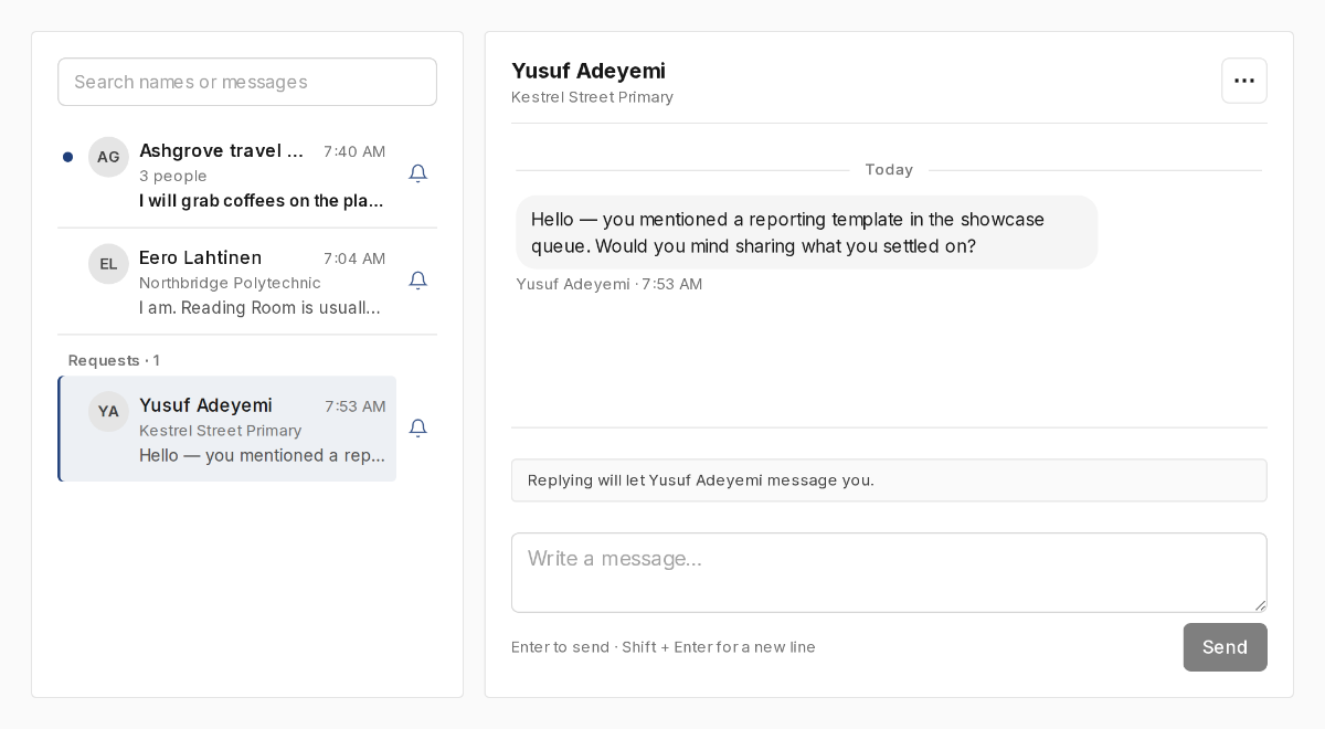 Messages inbox with a Requests section under the main threads