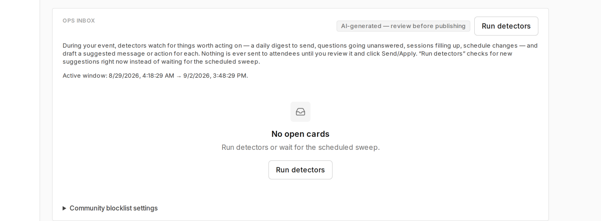 Ops Inbox with drafted cards waiting to be applied or dismissed