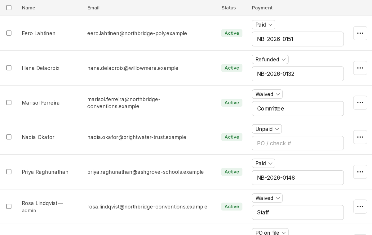 Participants table with the Payment column across its statuses