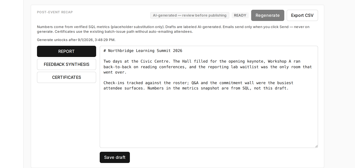 Recap workspace with its report, feedback synthesis, and certificate sections