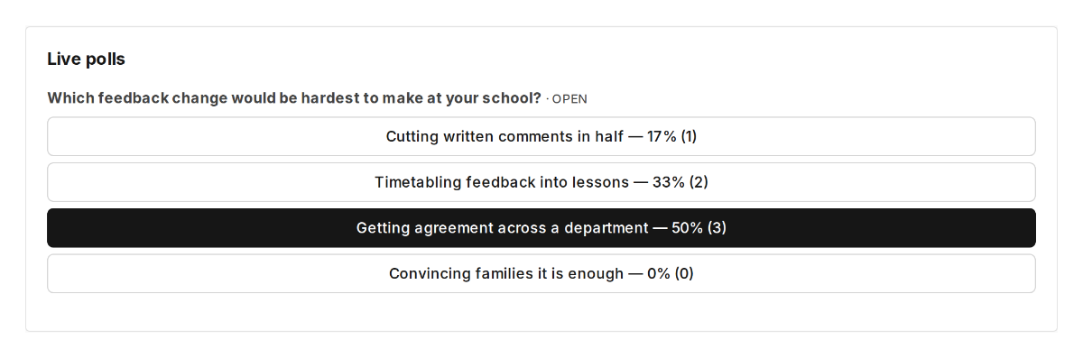 Live polls card on a session page with results spread across the options