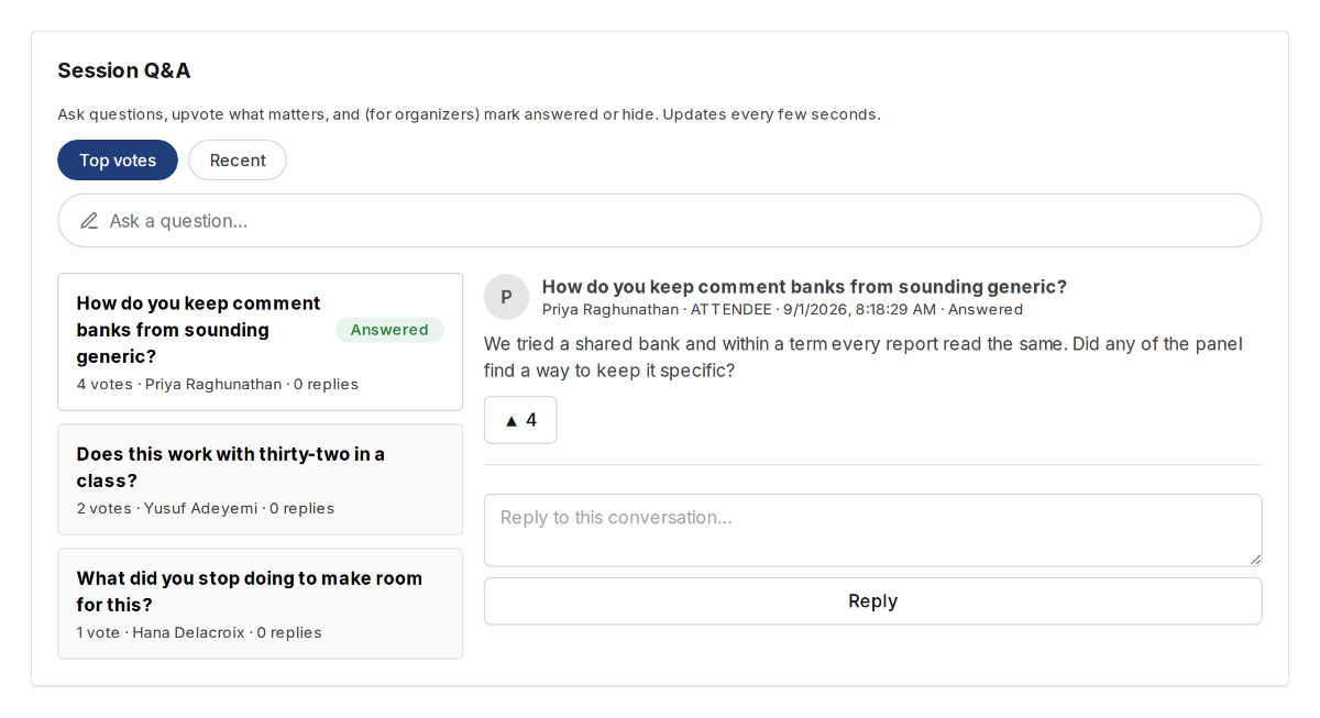 Session Q&A card with upvoted questions and one thread marked answered