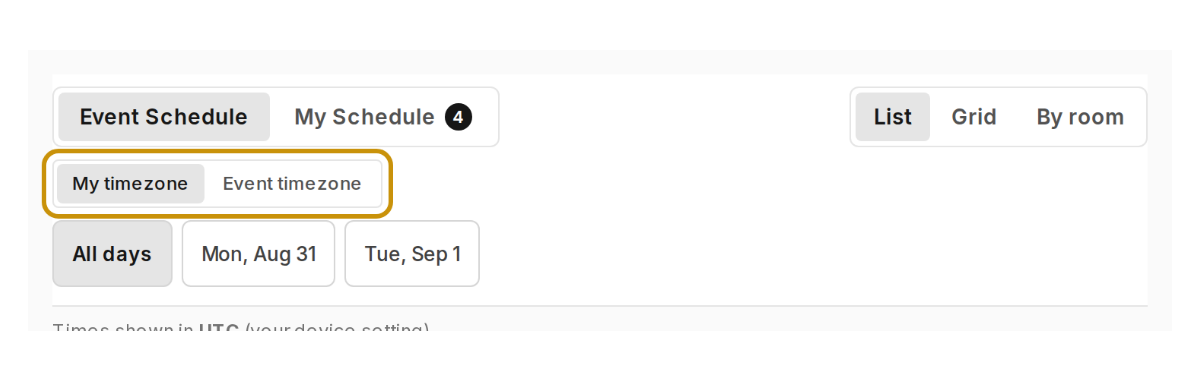 Agenda filter rail with the My timezone / Event timezone control highlighted