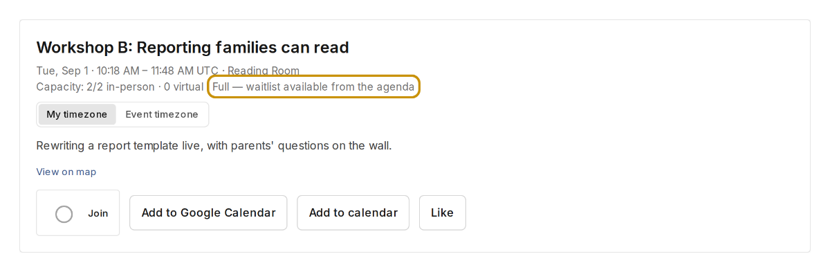 Session header for a full session, with the Full — waitlist chip highlighted