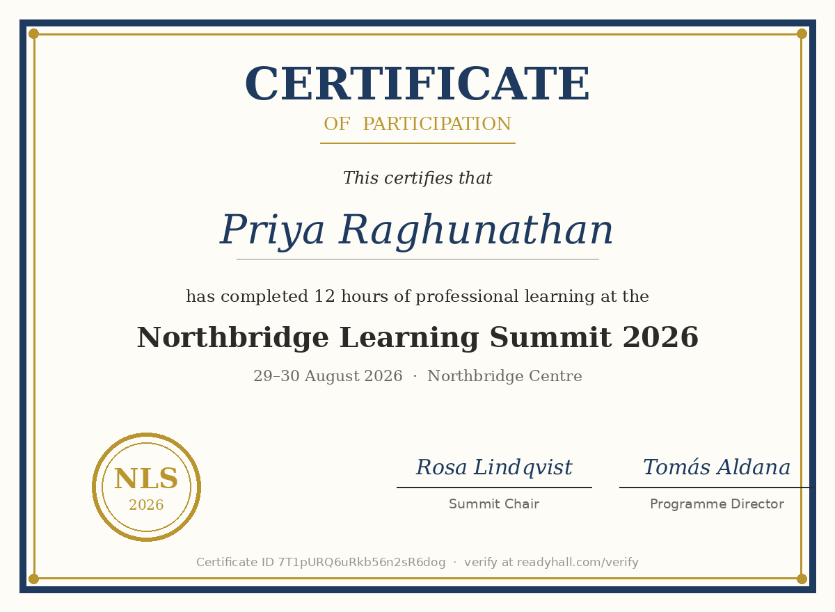 An issued certificate PDF carrying the event's accent color