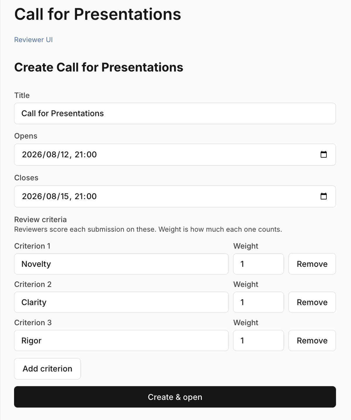 Public call for presentations form with name, title, and abstract filled in