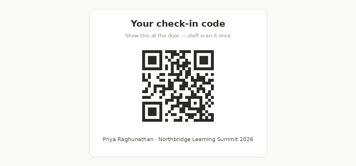 An attendee's personal check-in QR code, captioned Show this at the door