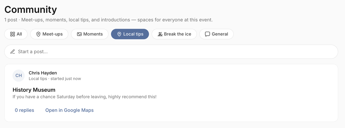 Local tips feed with a recommendation carrying an Open in Google Maps link