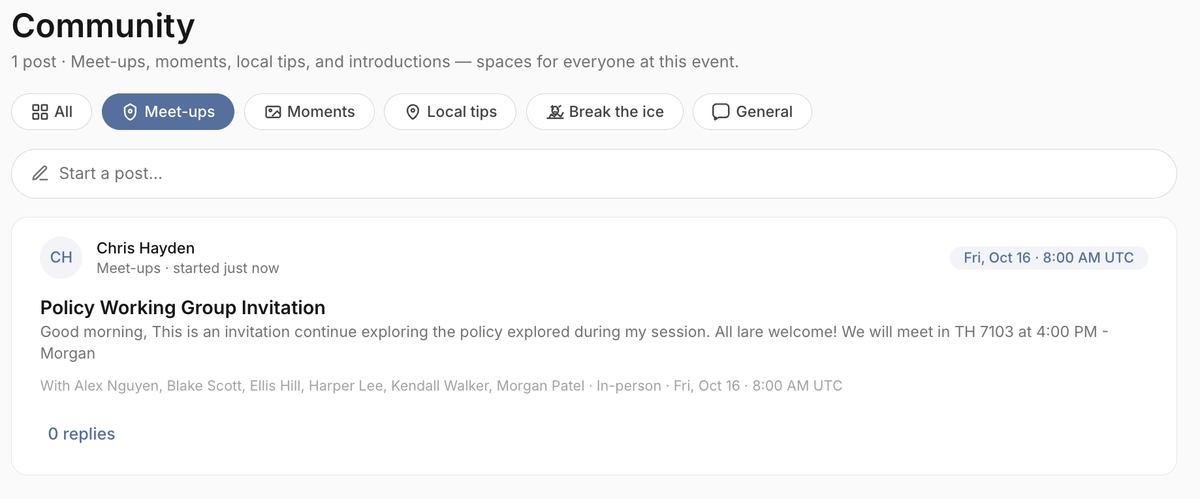 Meet-ups feed showing a gathering's format, time, and invite scope