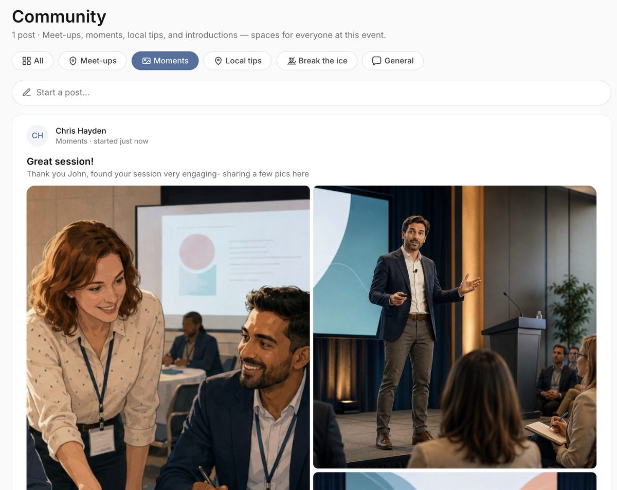 Moments feed with a grid of attendee photos and their captions