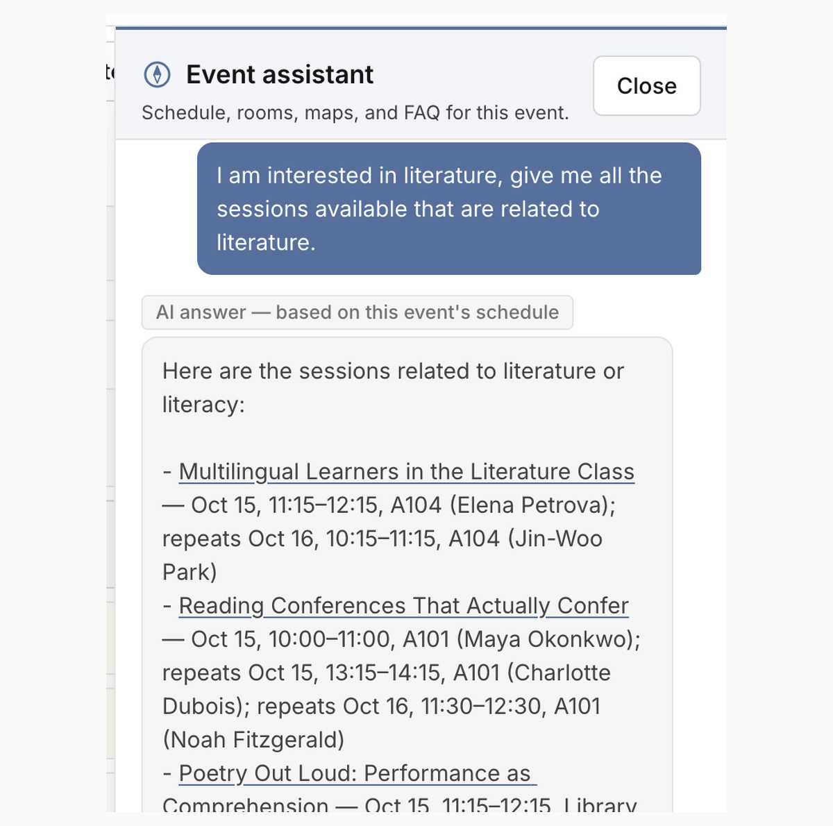Event assistant panel with its starter question chips above the input