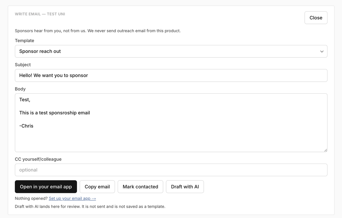 Organizer sponsor outreach pipeline with prospect rows in each status