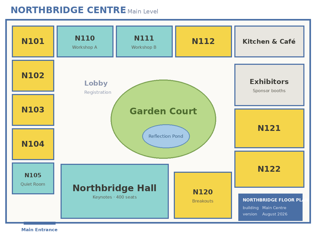 Venue floor plan with room-linked pins standing on the labeled rooms